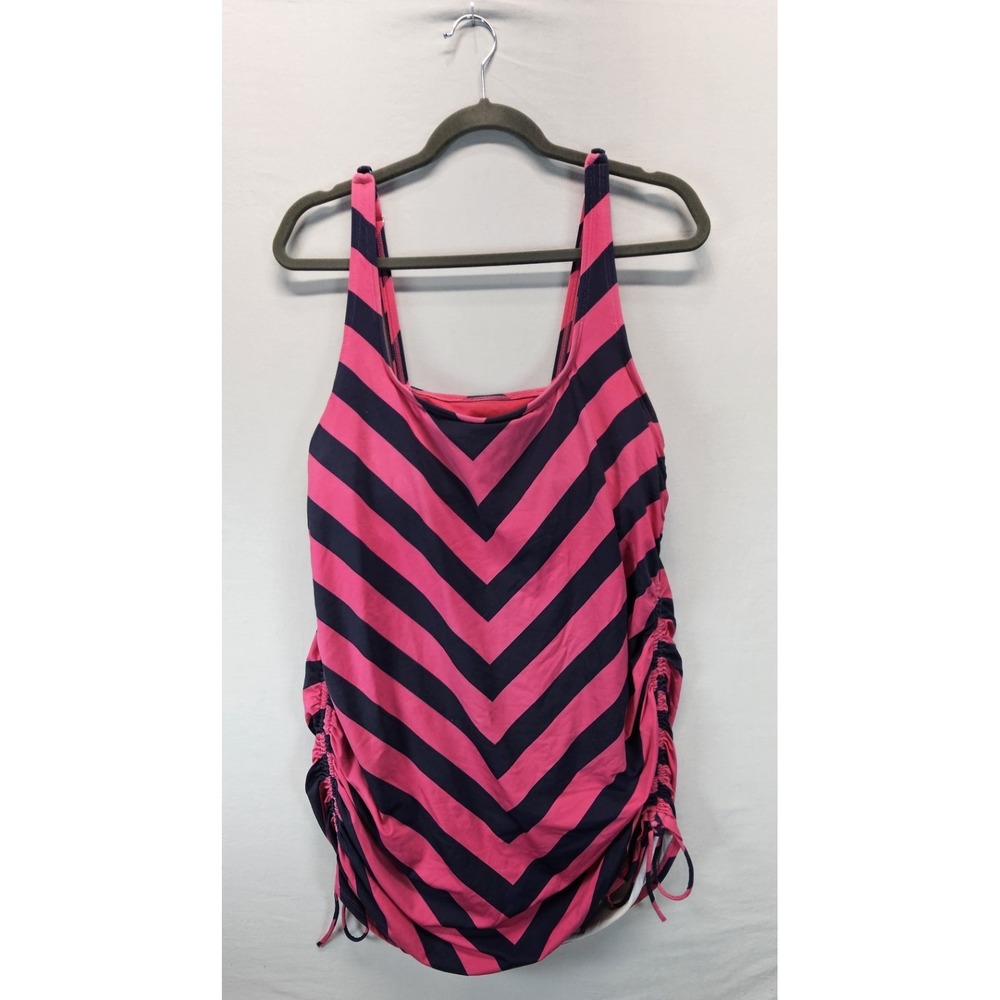 Lands End Womens 16 One Piece Swimsuit Pink Black Striped Tummy Control